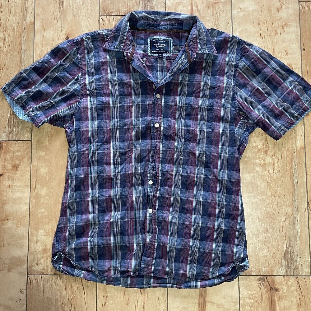 Marquis, plaid short sleeve button up shirt, Men's size‎ XL, blue burgundy